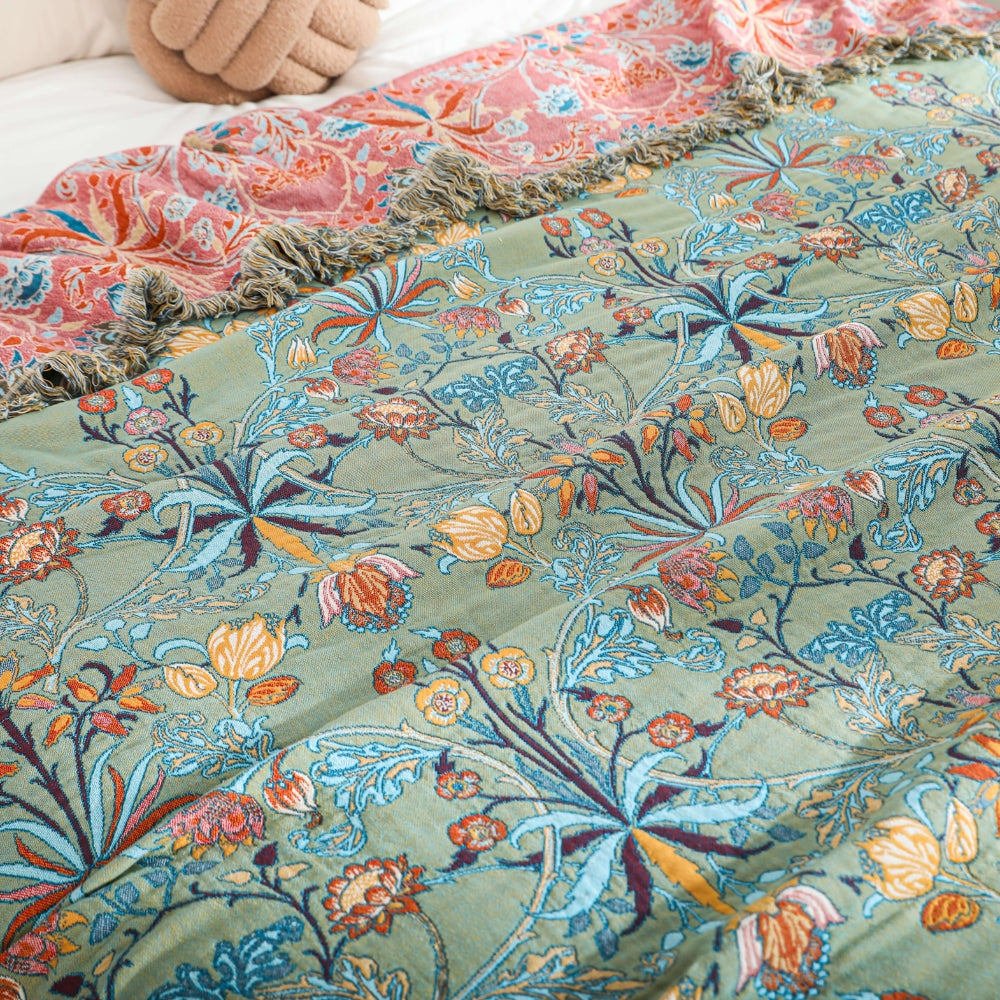 Katoenen Wenddeken met Bloemenweving en Kwasten – Zachte Jacquardplaid voor Bed en Bank | Sansoti