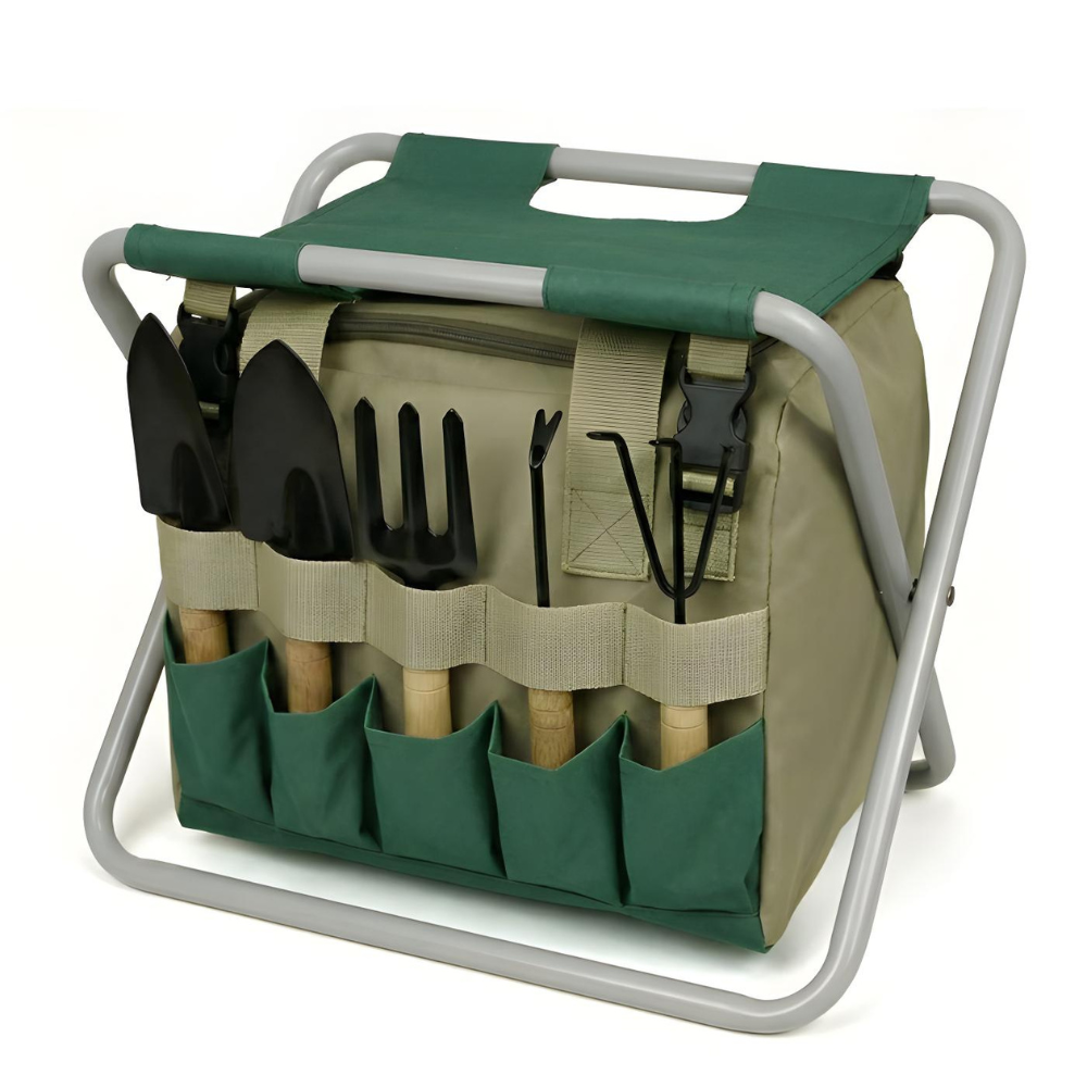 Gartengeräte-Set 6-teilig mit Klapphocker und Tasche | Restfield