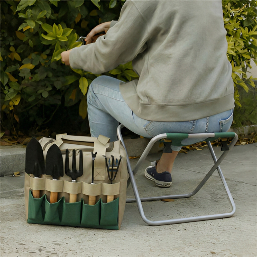 Gartengeräte-Set 6-teilig mit Klapphocker und Tasche | Restfield