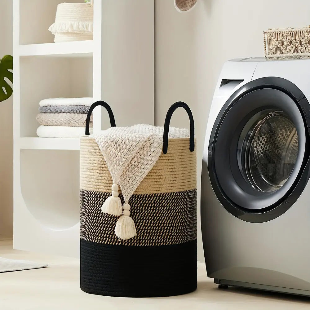 Gevlochten Wasmand Katoen 58L – Natuurlijk Opbergoplossing met Stevige Handvatten – Opvouwbare Wasmand voor Slaapkamer en Badkamer | Sansoti
