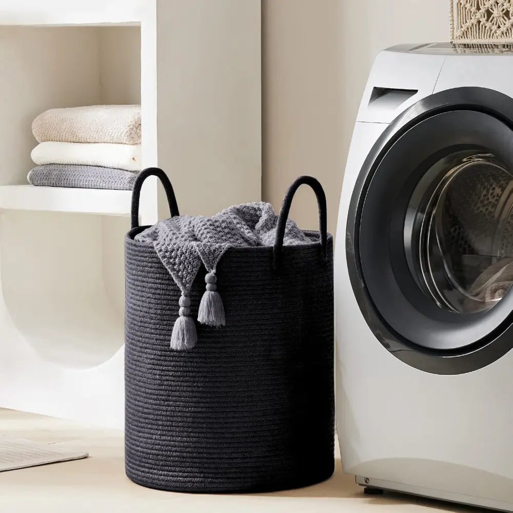 Gevlochten Wasmand Katoen 58L – Natuurlijk Opbergoplossing met Stevige Handvatten – Opvouwbare Wasmand voor Slaapkamer en Badkamer | Sansoti