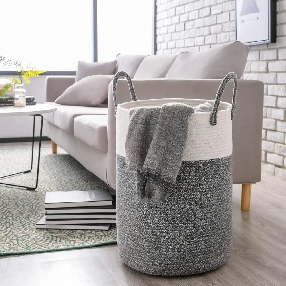 Gevlochten Wasmand Katoen 58L – Natuurlijk Opbergoplossing met Stevige Handvatten – Opvouwbare Wasmand voor Slaapkamer en Badkamer | Sansoti
