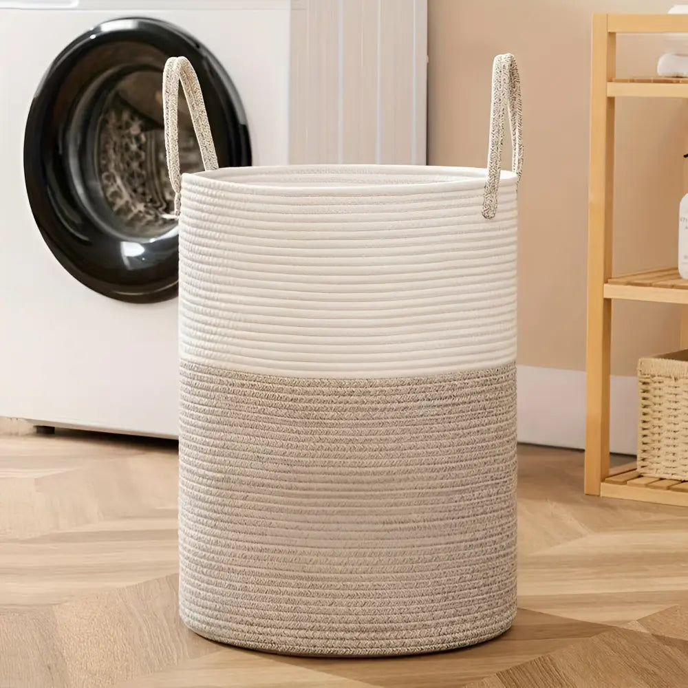 Gevlochten Wasmand Katoen 58L – Natuurlijk Opbergoplossing met Stevige Handvatten – Opvouwbare Wasmand voor Slaapkamer en Badkamer | Sansoti