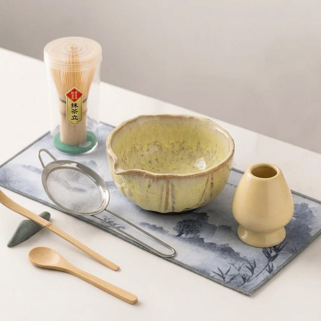 Matcha Thee Set 8-Delig met Keramische Kom 550ml Bamboe Garde Lepel Zeef voor Traditionele Japanse Theeceremonie | Sansoti