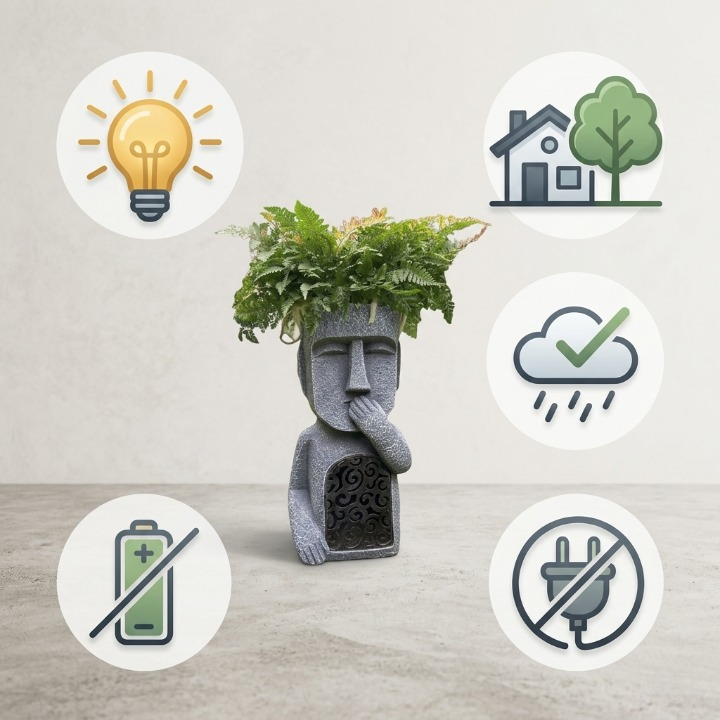 Gezicht Plantenpot met Zonne-LED Verlichting Grijs Kunstharz 25 cm Drie Wijze Apen Motief Sculptuur voor Tuin Terras Binnen en Buiten Weerbestendig Decoratief Solarpaneel Minimalistische Gezichtsvorm | Sansoti