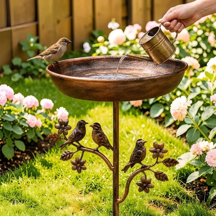 Drinkschaal voor Tuinvogels op Metalen Prikker met Vintage Koperkleur 76cm Hoog Demontabel | Sansoti