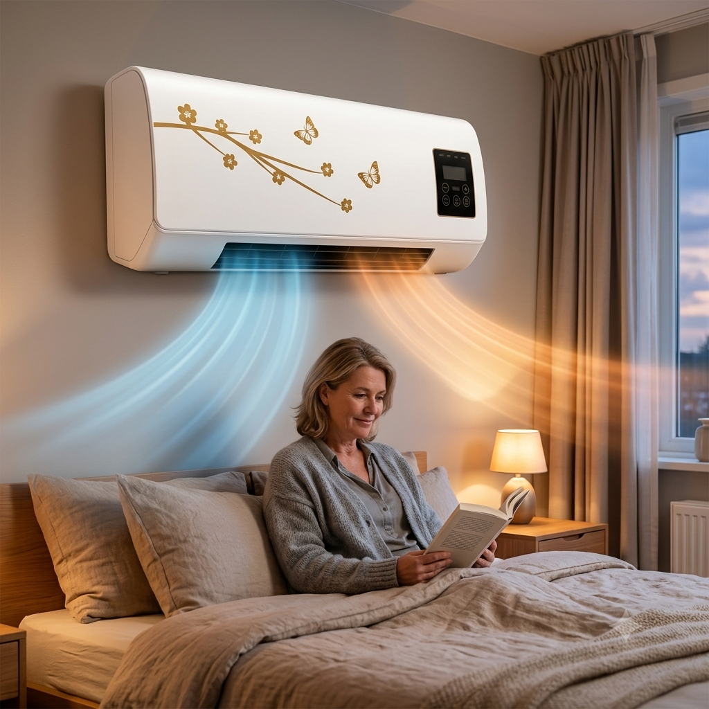 Klimaatregelaar Wandmodel 2-in-1 Verwarming Koeling Goud Bloemmotief Slaapkamer Wandkachel Mini Airco Afstandsbediening Stil | Sansoti