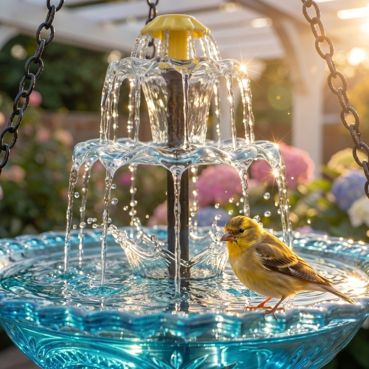 Hangende Zonnevogeldrinkbak Glas Fontein 2-Traps 25,5cm Tuin Terras Balkon Zonne-energie Kabellos Vogelbad Waterval Blauw Roze Zwart | Sansoti