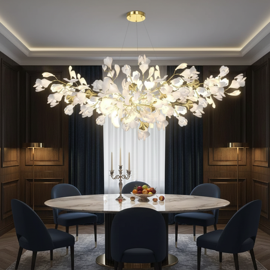 Keramische Hangkroonluchter Ginkgoblad Goudkleurig LED Eetkamer Woonkamer Hal Verstelbare Hoogte 150cm | Sansoti