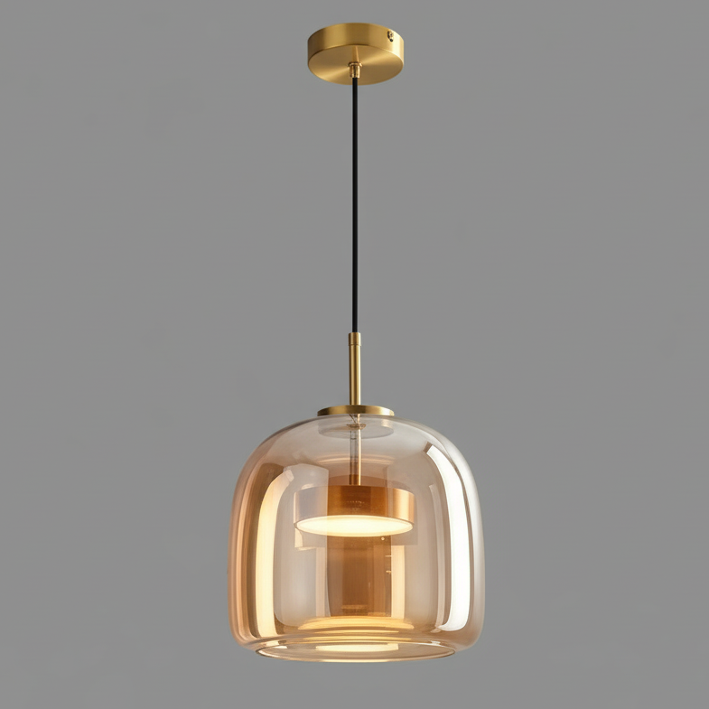Handgeblasene Glaspendelleuchte aus bernsteinfarbenem Rauchglas mit LED für Esstisch und Wohnzimmer, Deckenbeleuchtung, schwebendes modernes Design | Sansoti