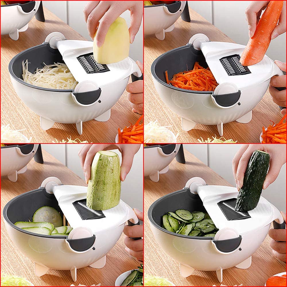 Groentesnijder Multifunctioneel met Vergiet - Rasp Schaaf Julienne Set - Keukensnijder - Inclusief Meerdere Messen - Wit Grijs | Sansoti