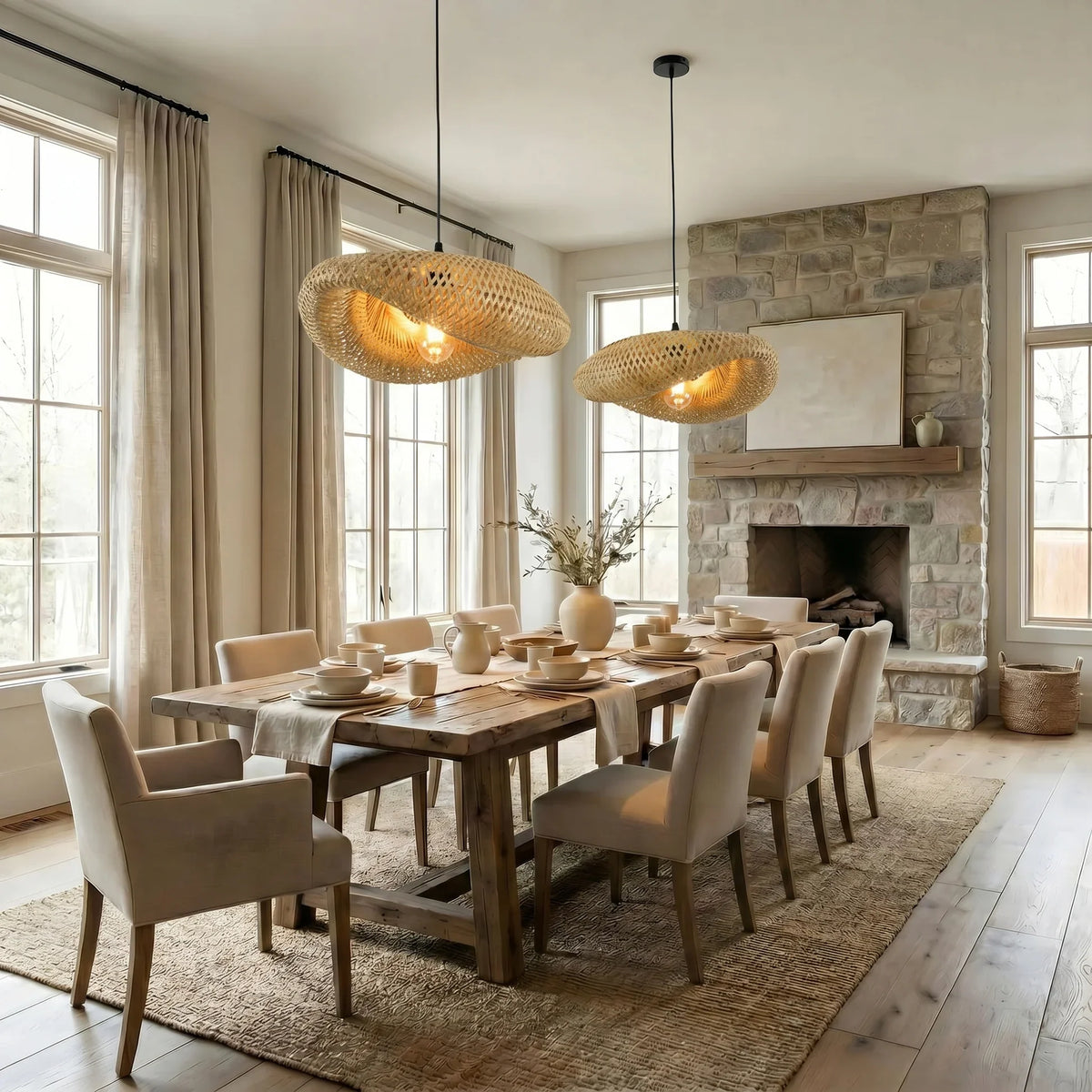 Suspension en bambou tressé E27, design scandinave, salle à manger, cuisine, salon, style naturel, vintage et bohème | Sansoti