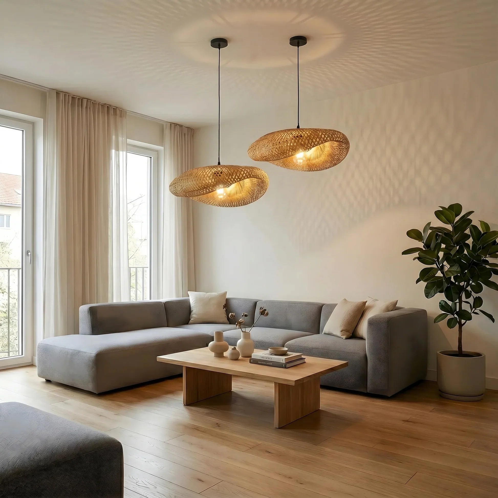 Suspension en bambou tressé E27, design scandinave, salle à manger, cuisine, salon, style naturel, vintage et bohème | Sansoti