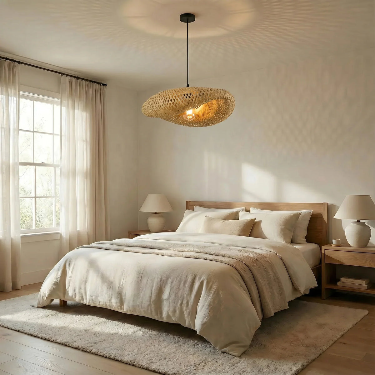 Suspension en bambou tressé E27, design scandinave, salle à manger, cuisine, salon, style naturel, vintage et bohème | Sansoti