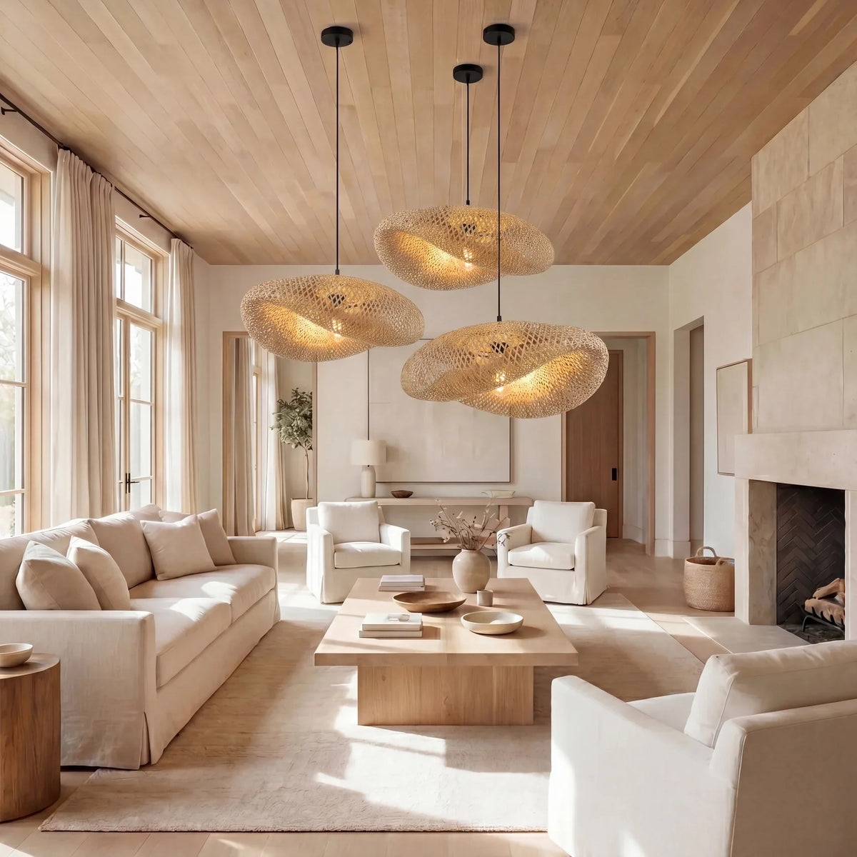 Suspension en bambou tressé E27, design scandinave, salle à manger, cuisine, salon, style naturel, vintage et bohème | Sansoti