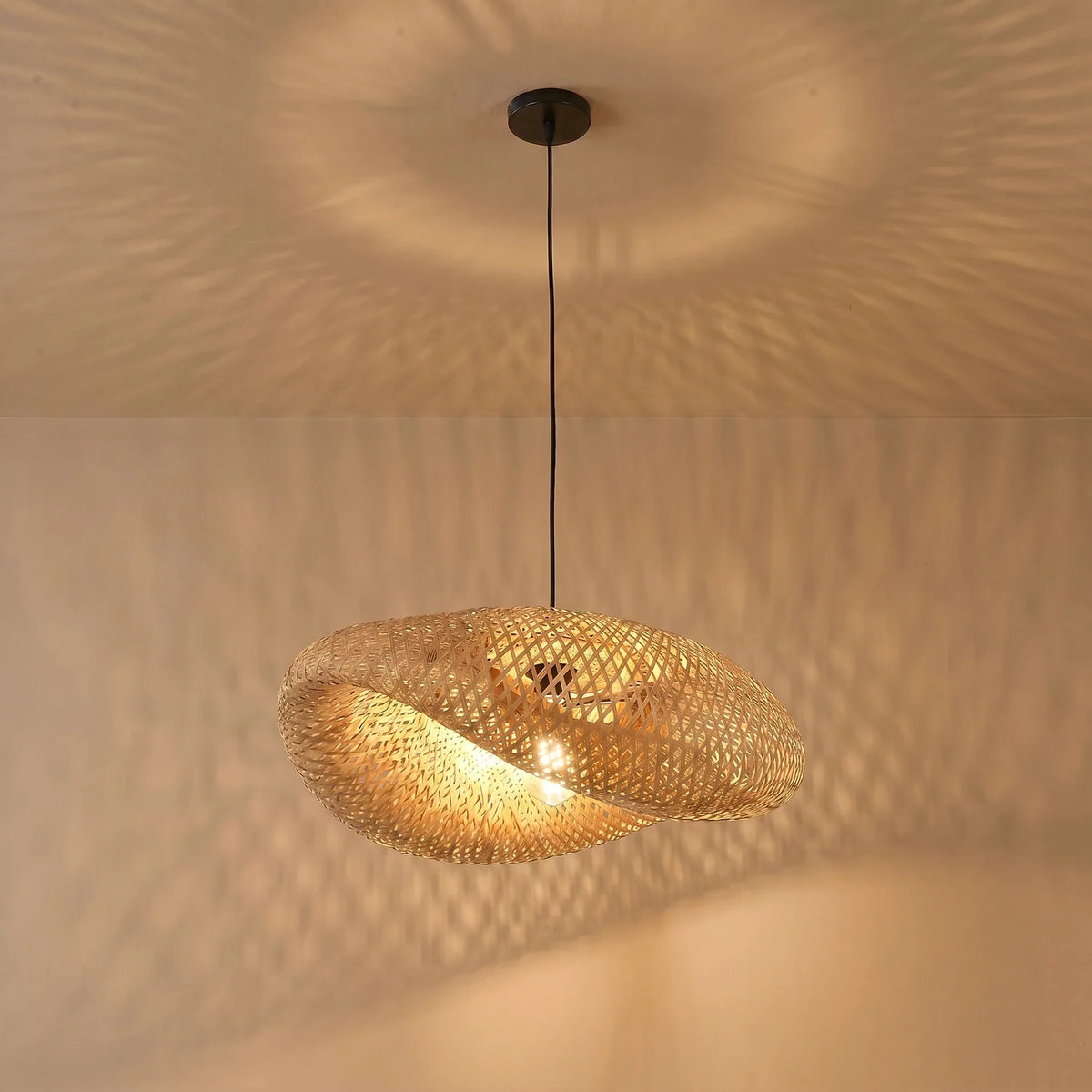 Suspension en bambou tressé E27, design scandinave, salle à manger, cuisine, salon, style naturel, vintage et bohème | Sansoti