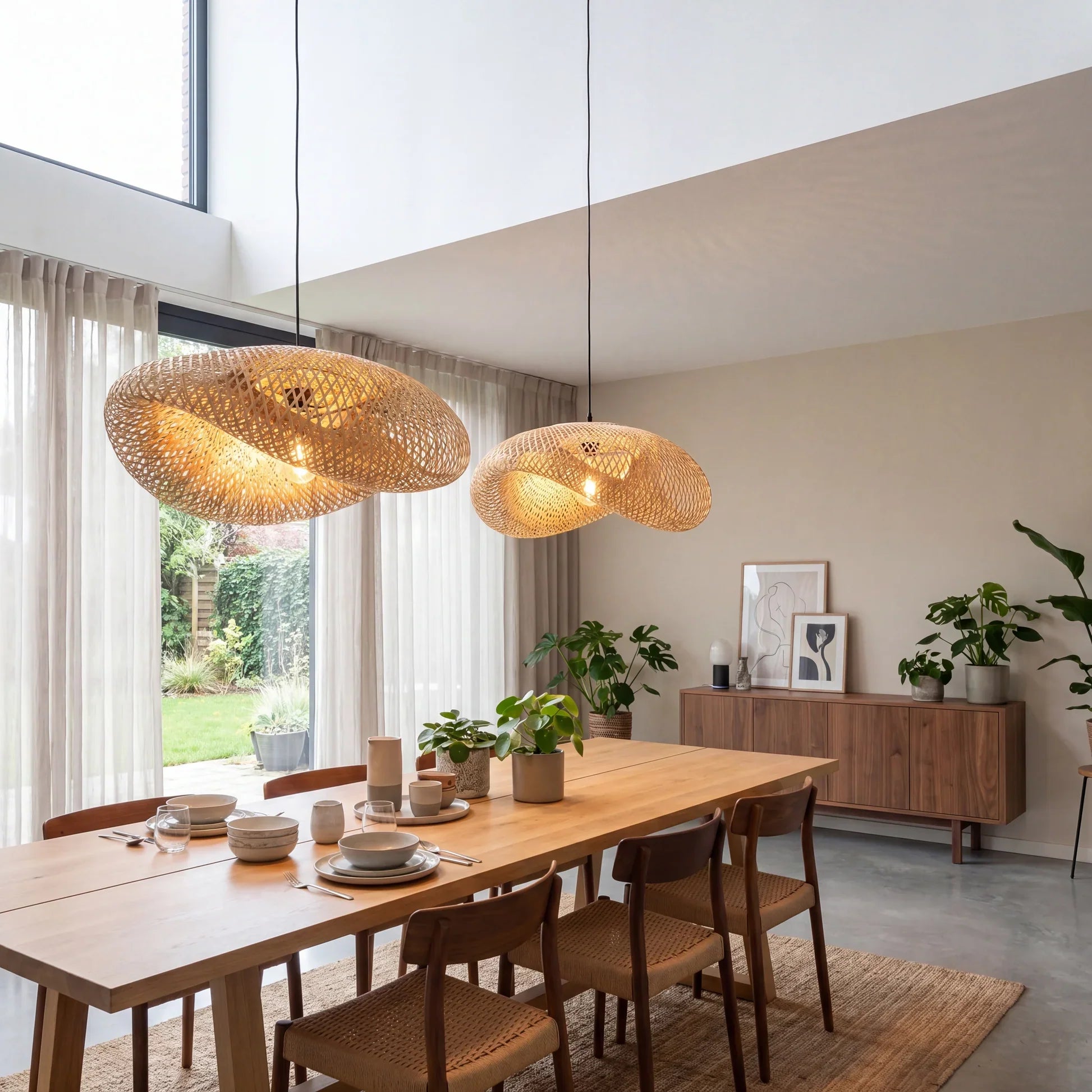 Suspension en bambou tressé E27, design scandinave, salle à manger, cuisine, salon, style naturel, vintage et bohème | Sansoti