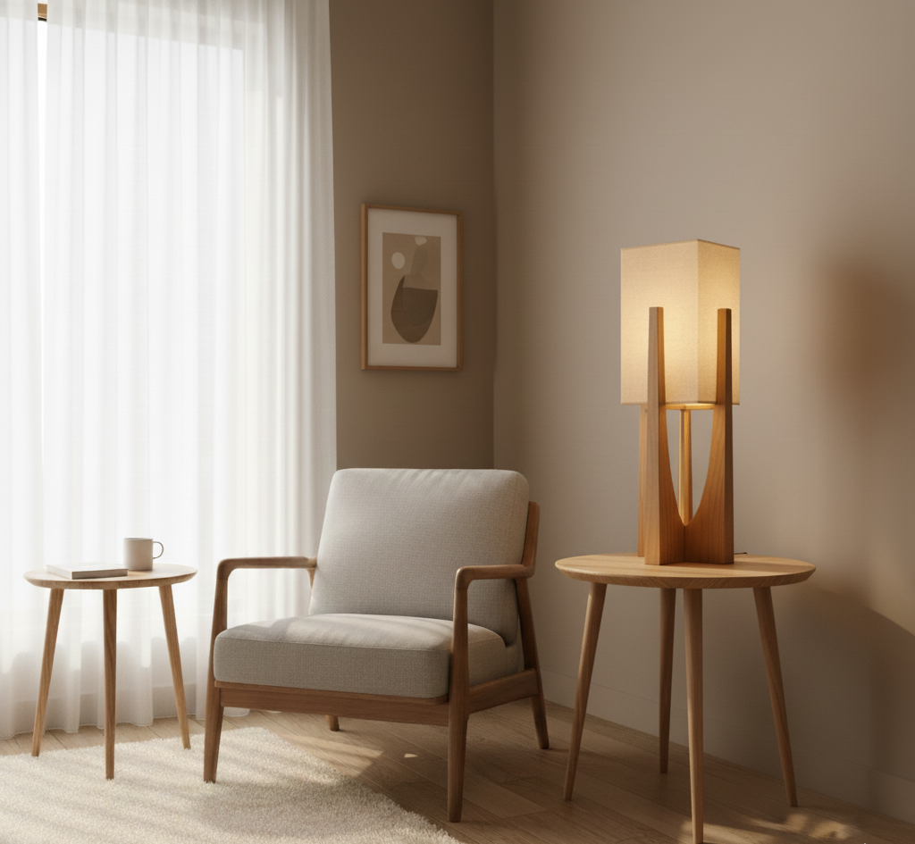 Japanische Stehlampe Stoff und Holz | Natürliches warmes Stimmungslicht Wohnzimmer Schlafzimmer Leseecke Design | Sansoti