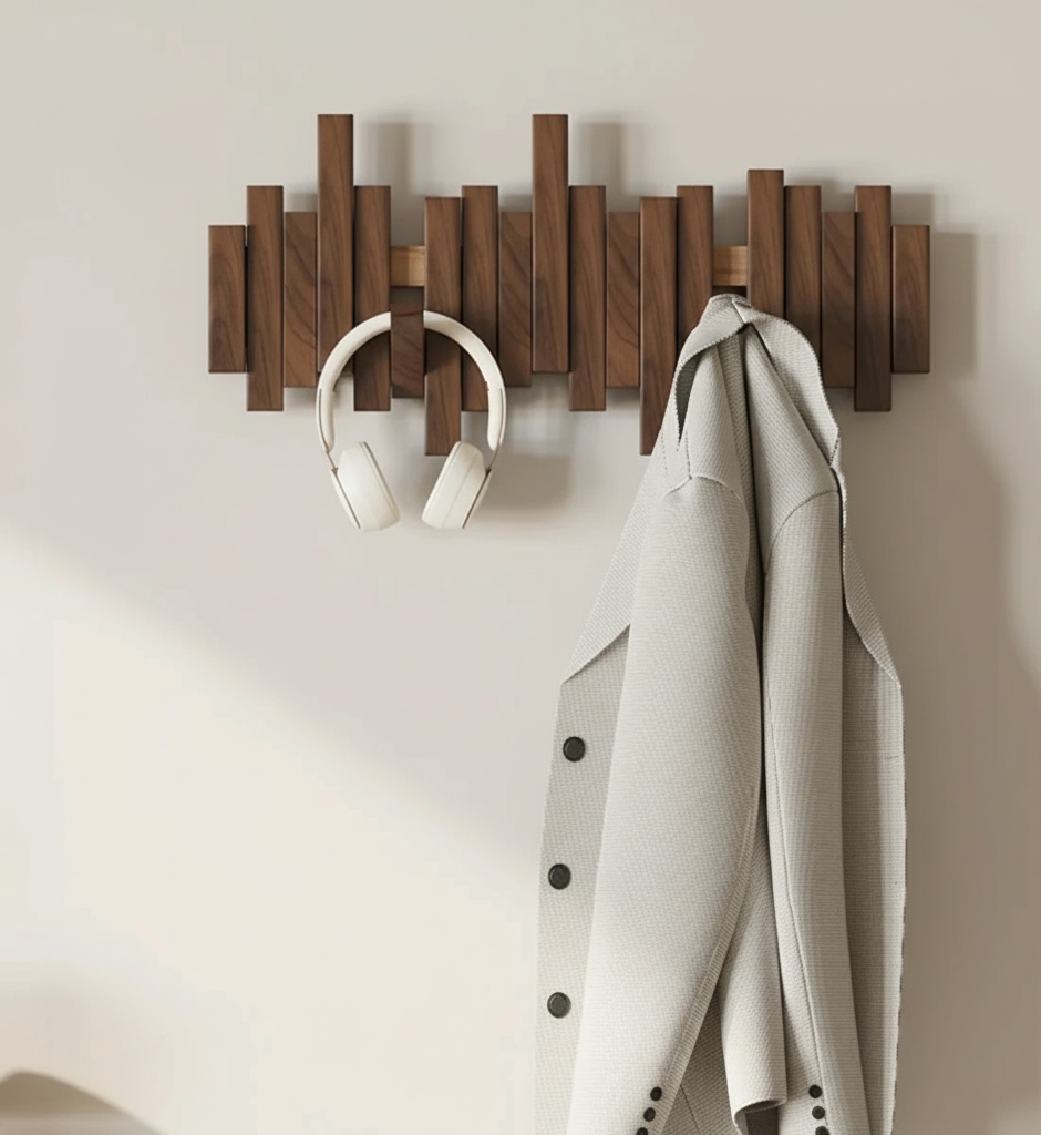 Wandgarderobe aus Holz mit mehreren Haken, Walnuss oder Buche, moderne Wandgarderobe für Flur, Schlafzimmer und Korridor | Sansoti