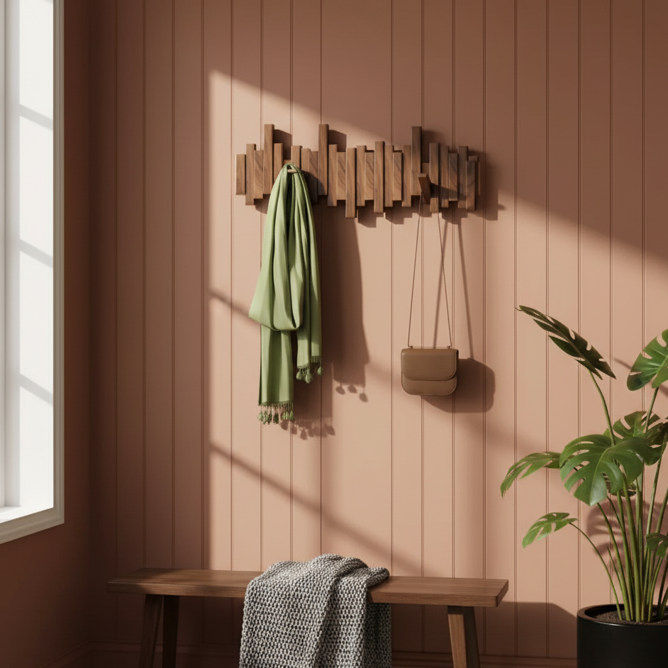 Wandgarderobe aus Holz mit mehreren Haken, Walnuss oder Buche, moderne Wandgarderobe für Flur, Schlafzimmer und Korridor | Sansoti