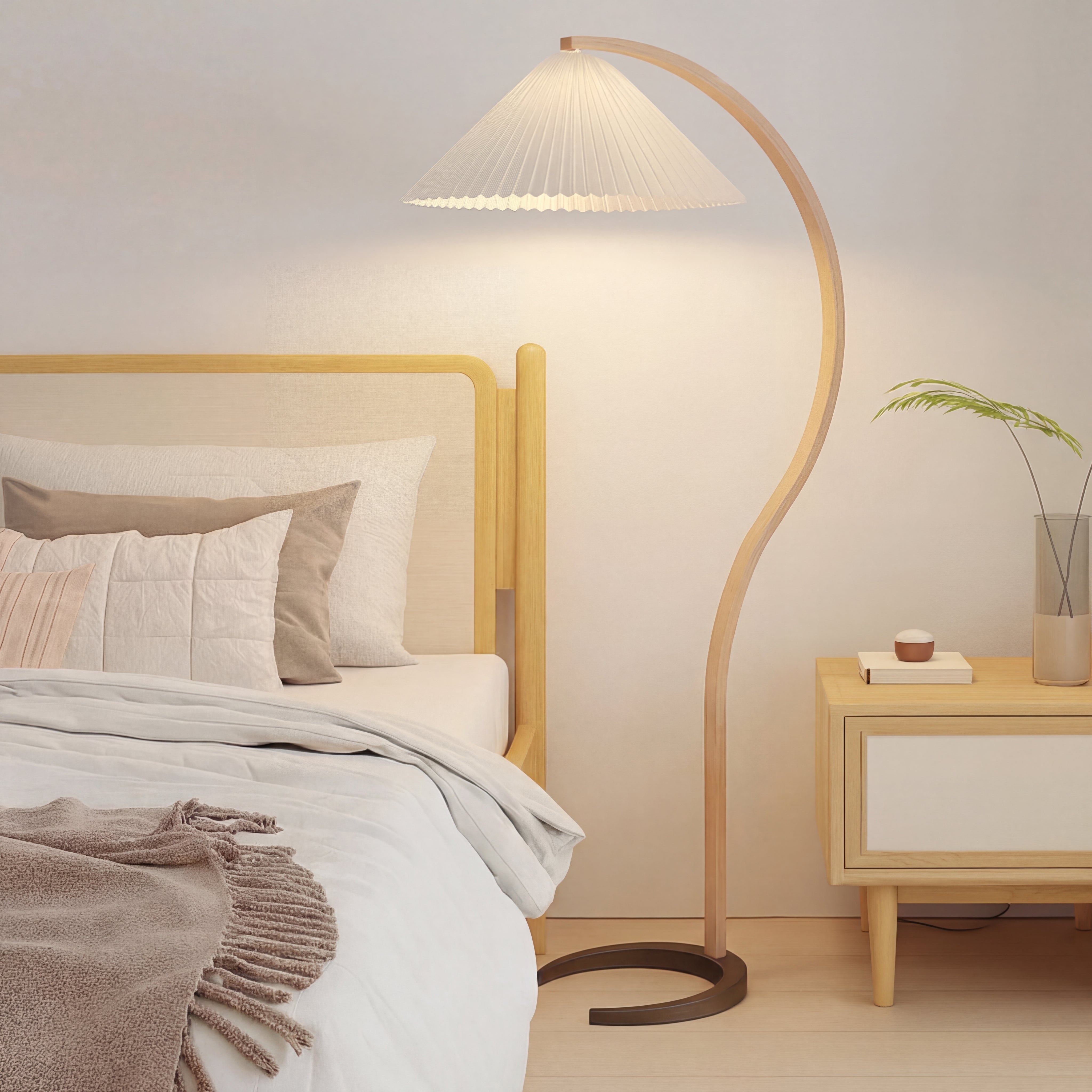 Caprani Stehleuchte Buchenholz Leinen Ø75xH59 Zoll Wohnzimmer Beleuchtung skandinavisches Design Bogenlampe Leselampe | Restfield