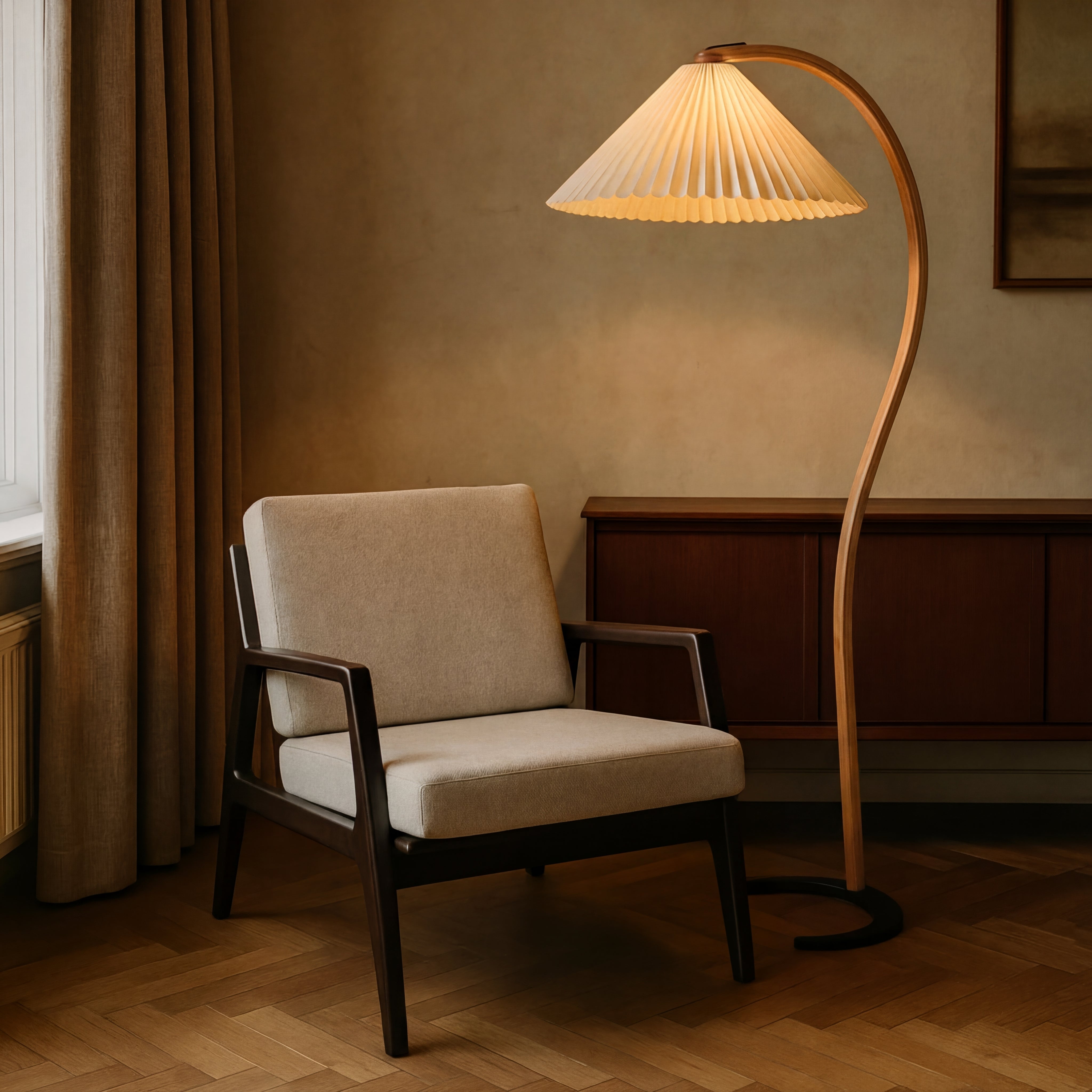 Caprani Stehleuchte Buchenholz Leinen Ø75xH59 Zoll Wohnzimmer Beleuchtung skandinavisches Design Bogenlampe Leselampe | Restfield