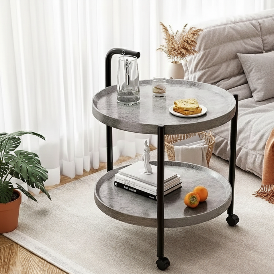 Rollbarer Beistelltisch aus Holz mit zwei Ebenen, rund, 40 cm, für Wohnzimmer und Schlafzimmer, mit Rollen, kompaktes Design, zum Servieren und Aufbewahren | Sansoti