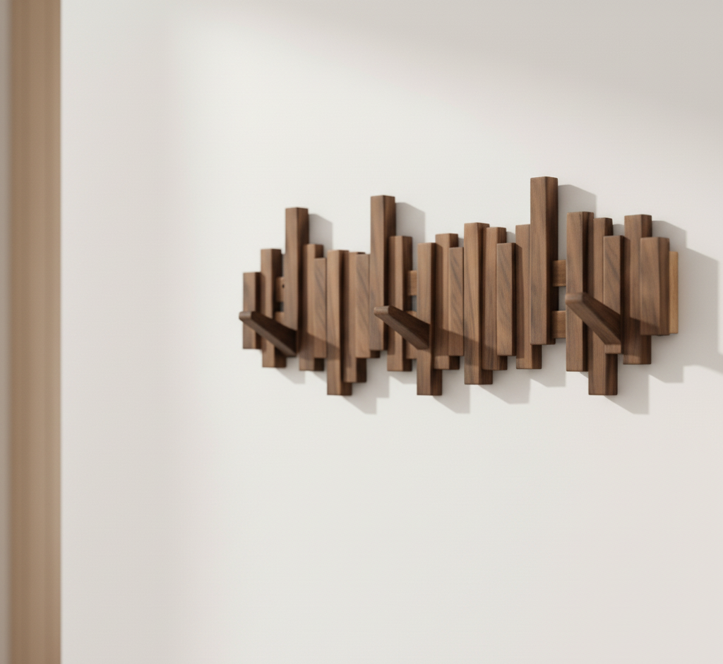 Wandgarderobe aus Holz mit mehreren Haken, Walnuss oder Buche, moderne Wandgarderobe für Flur, Schlafzimmer und Korridor | Sansoti