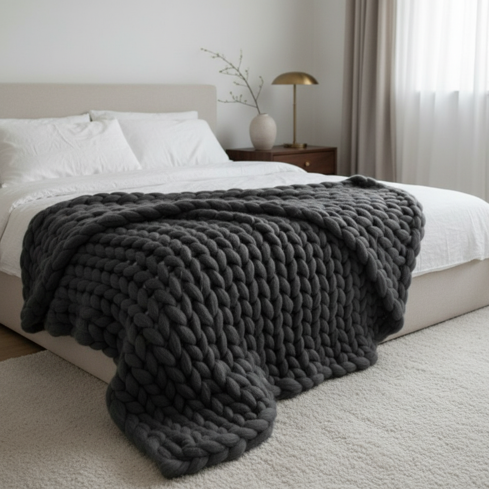 Handgestrickte XXL-Decke, grob gestricktes Garn, skandinavisches Design, Wohnzimmer, Schlafzimmer, dekorativ, Wolldecke | Sansoti