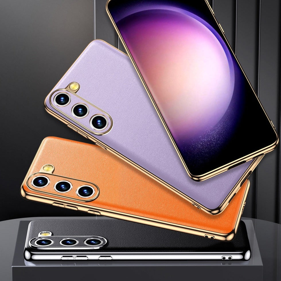 Genuine Cowhide Leather Smartphone Case with Metallic Sides Samsung Galaxy S21-S25 Note 20 Wireless Charging | Sansoti