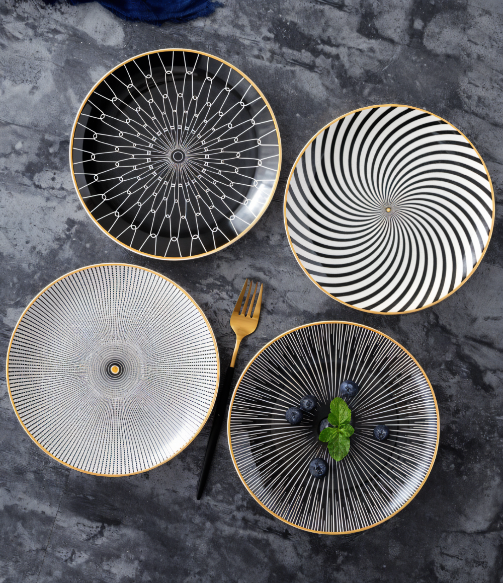 Porzellanteller Geometrisch Schwarz Weiß Goldrand Dekoratives Tischservice Set | Restfield