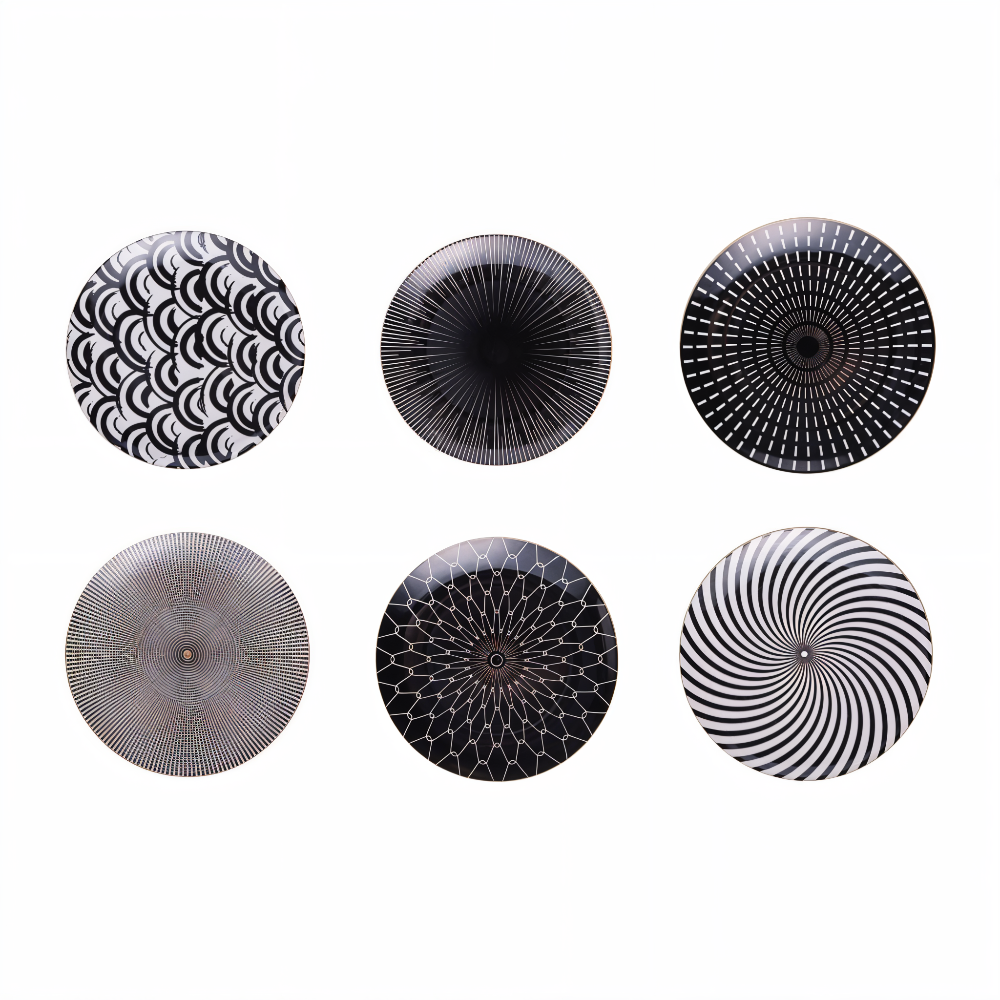 Porzellanteller Geometrisch Schwarz Weiß Goldrand Dekoratives Tischservice Set | Restfield