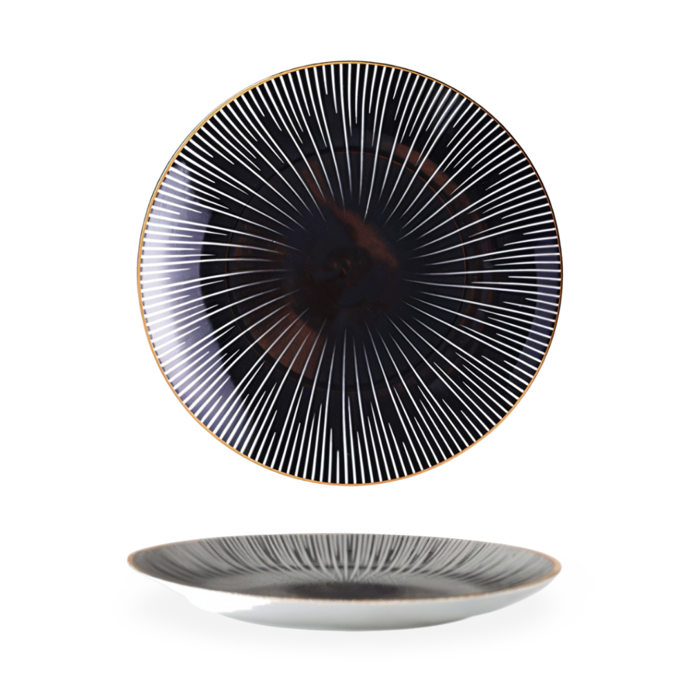 Porzellanteller Geometrisch Schwarz Weiß Goldrand Dekoratives Tischservice Set | Restfield