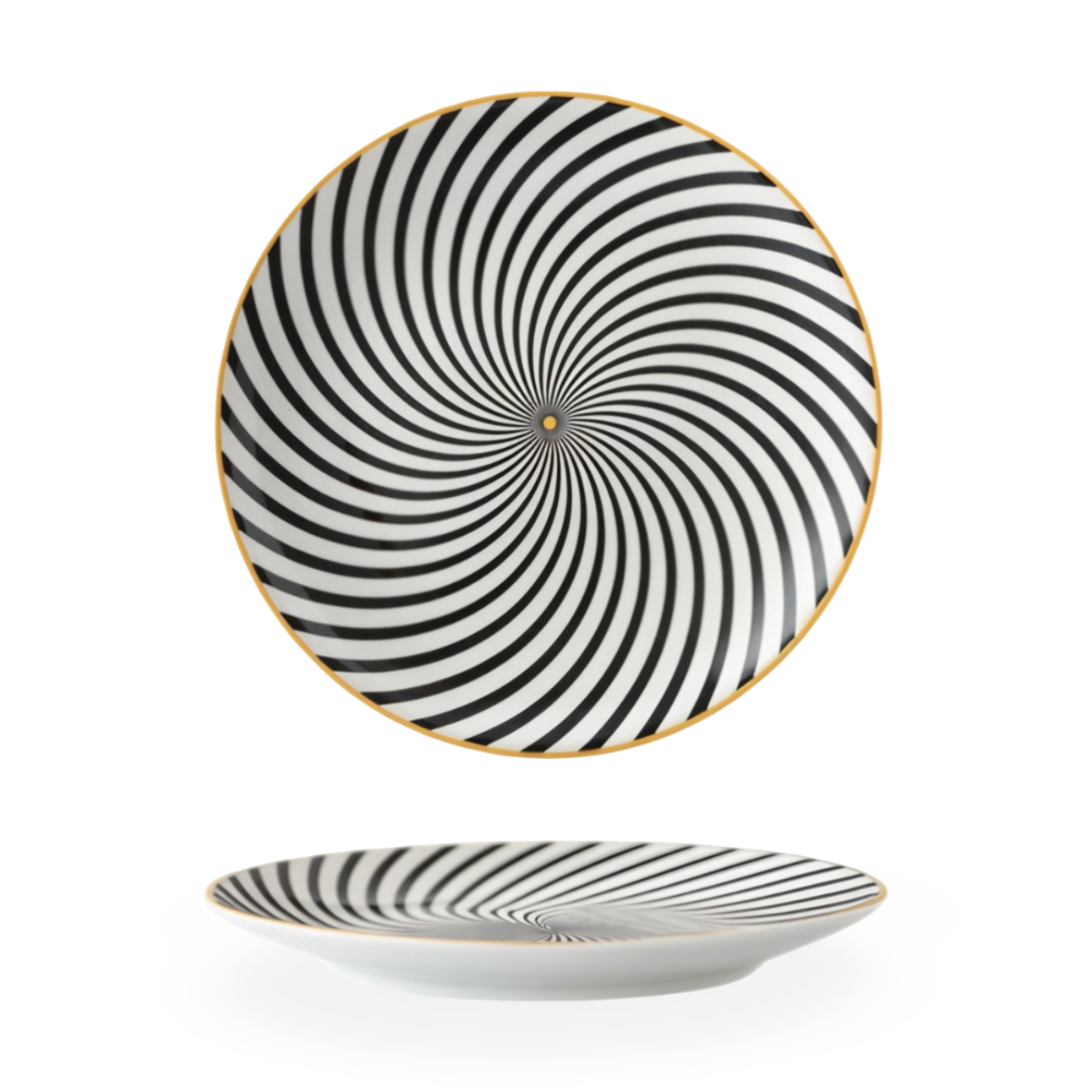 Porzellanteller Geometrisch Schwarz Weiß Goldrand Dekoratives Tischservice Set | Restfield