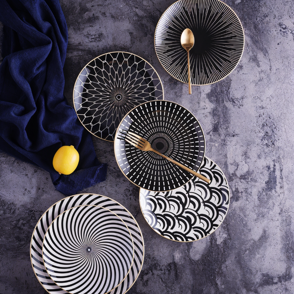 Porzellanteller Geometrisch Schwarz Weiß Goldrand Dekoratives Tischservice Set | Restfield