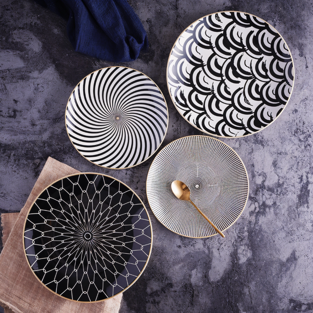 Porzellanteller Geometrisch Schwarz Weiß Goldrand Dekoratives Tischservice Set | Restfield