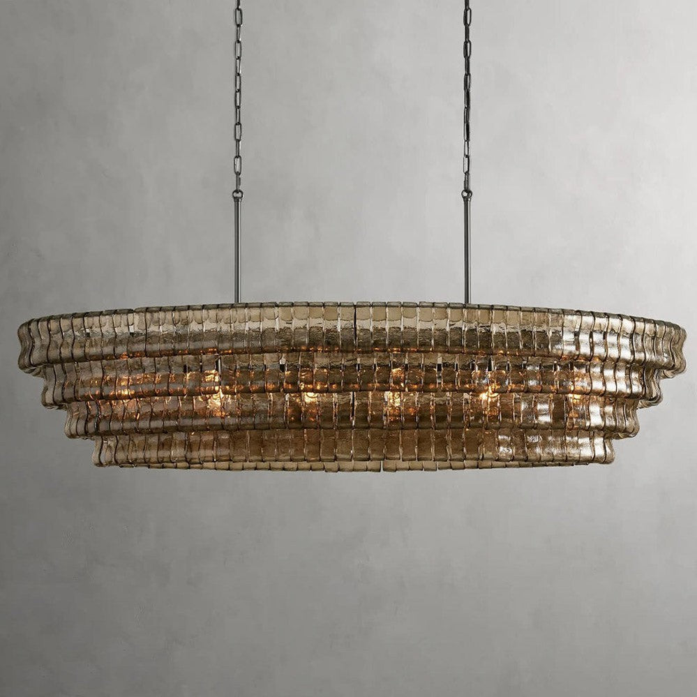 Lustre ovale avec verre incurvé, 137 cm, hauteur réglable, structure en acier, suspension pour salle à manger et salon | Sansoti