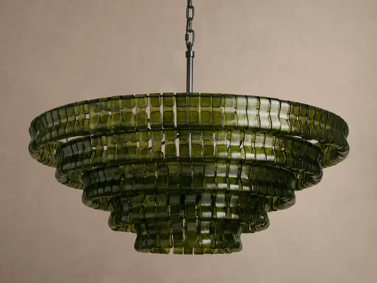 Lustre rond en verre texturé avec structure métallique multicouche À intensité variable et réglable 60-152cm pour salon | Sansoti