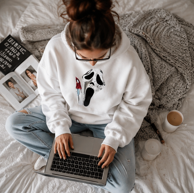 Gothic Hoodie with Double-Sided Print Unisex Fleece Streetwear Black White Gray Hooded Sweatshirt Urban Style | Sansoti