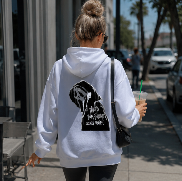 Gothic Hoodie with Double-Sided Print Unisex Fleece Streetwear Black White Gray Hooded Sweatshirt Urban Style | Sansoti