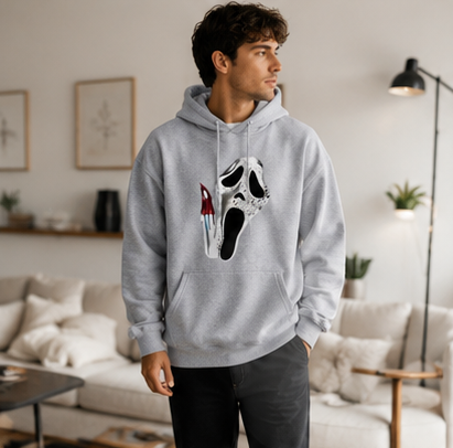 Gothic Hoodie with Double-Sided Print Unisex Fleece Streetwear Black White Gray Hooded Sweatshirt Urban Style | Sansoti