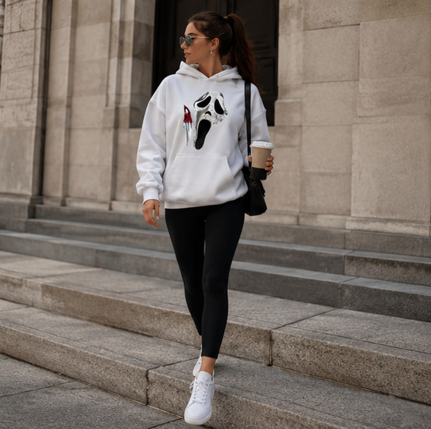 Gothic Hoodie with Double-Sided Print Unisex Fleece Streetwear Black White Gray Hooded Sweatshirt Urban Style | Sansoti