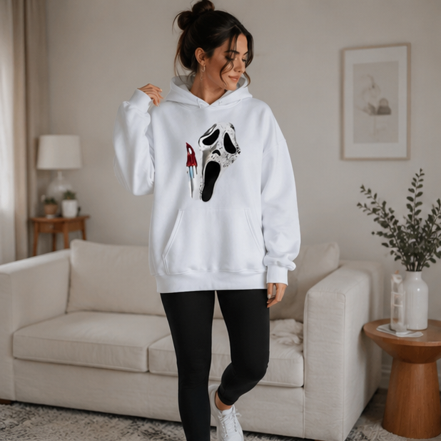 Gothic Hoodie with Double-Sided Print Unisex Fleece Streetwear Black White Gray Hooded Sweatshirt Urban Style | Sansoti