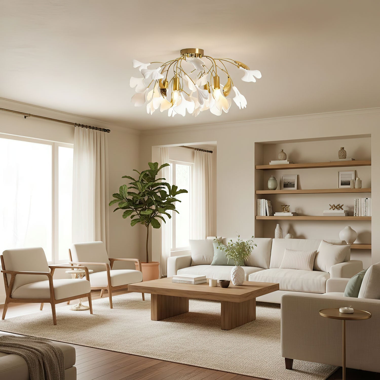 Keramische Hanglamp Ginkgo-Blad – Goudkleurige Armatuur met Witte Bladeren – Modern Natuurgeïnspireerd Design voor Woonkamer Eetkamer Slaapkamer | Sansoti