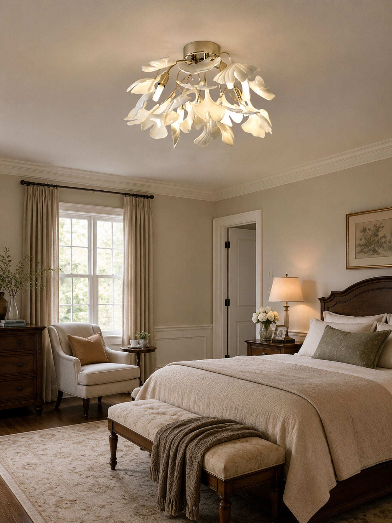 Keramische Hanglamp Ginkgo-Blad – Goudkleurige Armatuur met Witte Bladeren – Modern Natuurgeïnspireerd Design voor Woonkamer Eetkamer Slaapkamer | Sansoti
