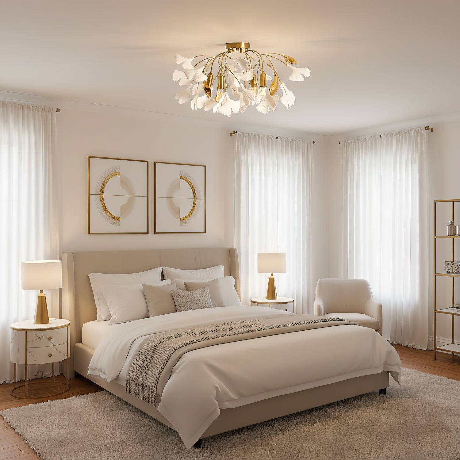Keramische Hanglamp Ginkgo-Blad – Goudkleurige Armatuur met Witte Bladeren – Modern Natuurgeïnspireerd Design voor Woonkamer Eetkamer Slaapkamer | Sansoti
