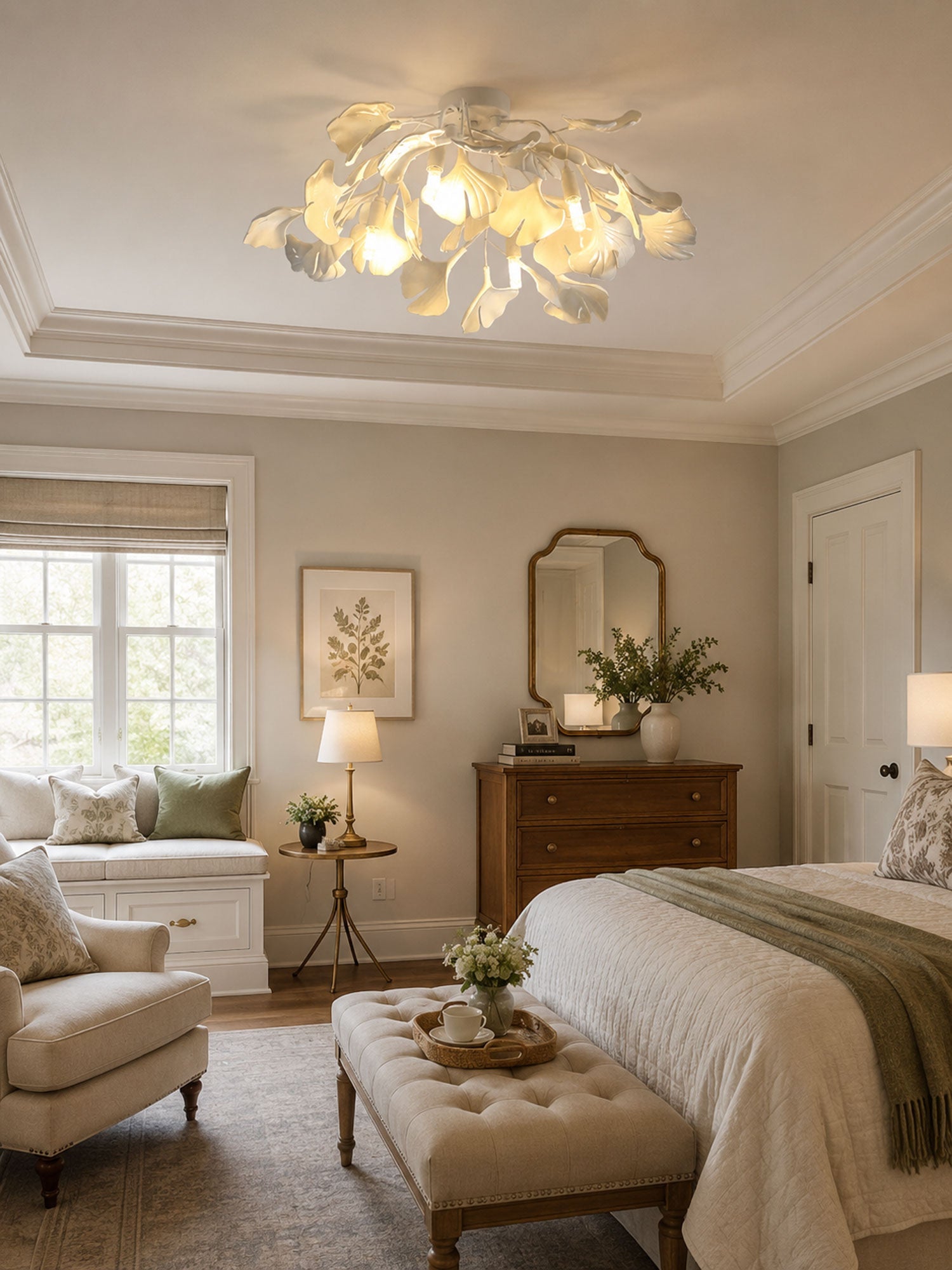 Keramische Hanglamp Ginkgo-Blad – Goudkleurige Armatuur met Witte Bladeren – Modern Natuurgeïnspireerd Design voor Woonkamer Eetkamer Slaapkamer | Sansoti