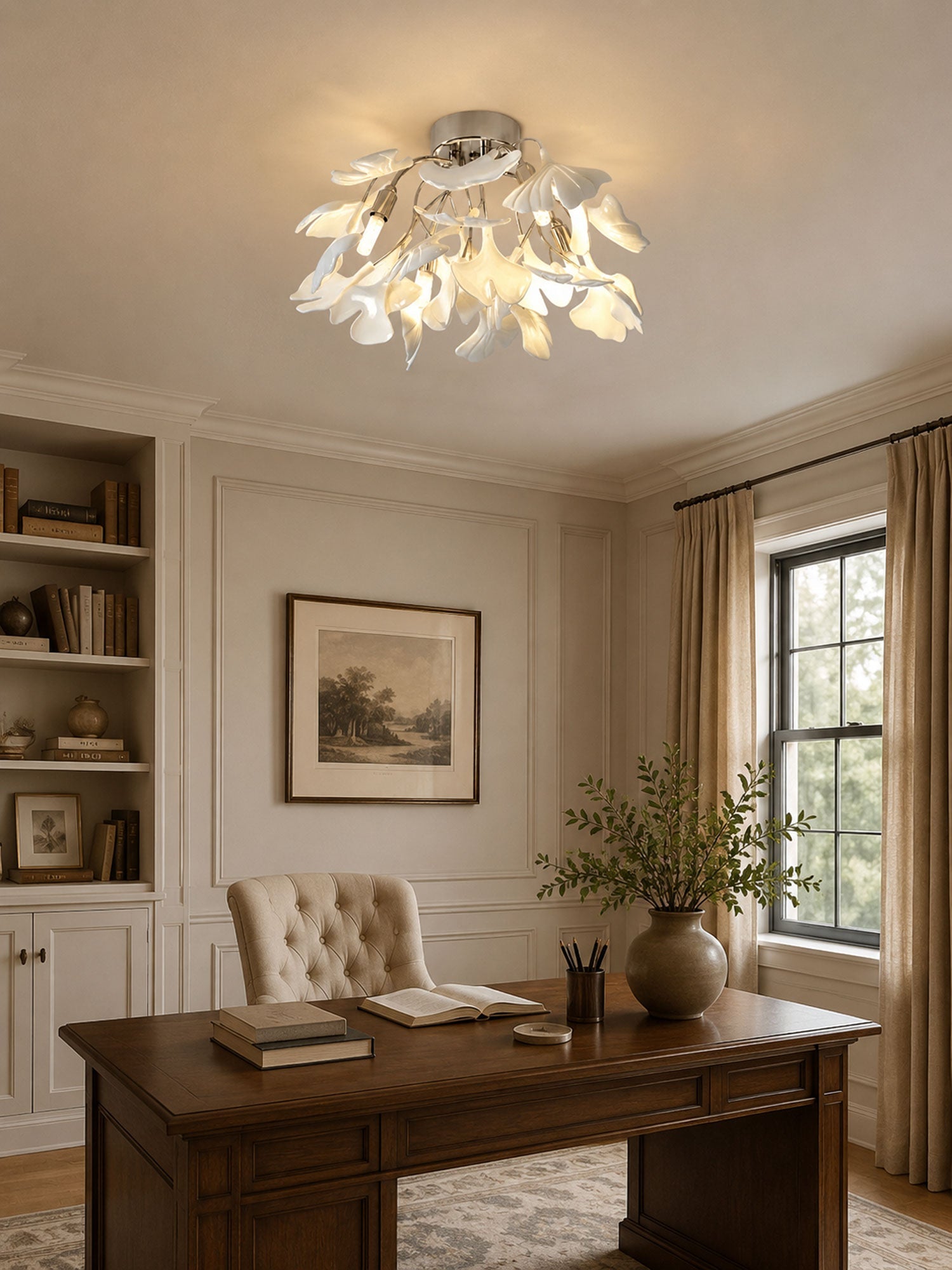 Keramische Hanglamp Ginkgo-Blad – Goudkleurige Armatuur met Witte Bladeren – Modern Natuurgeïnspireerd Design voor Woonkamer Eetkamer Slaapkamer | Sansoti