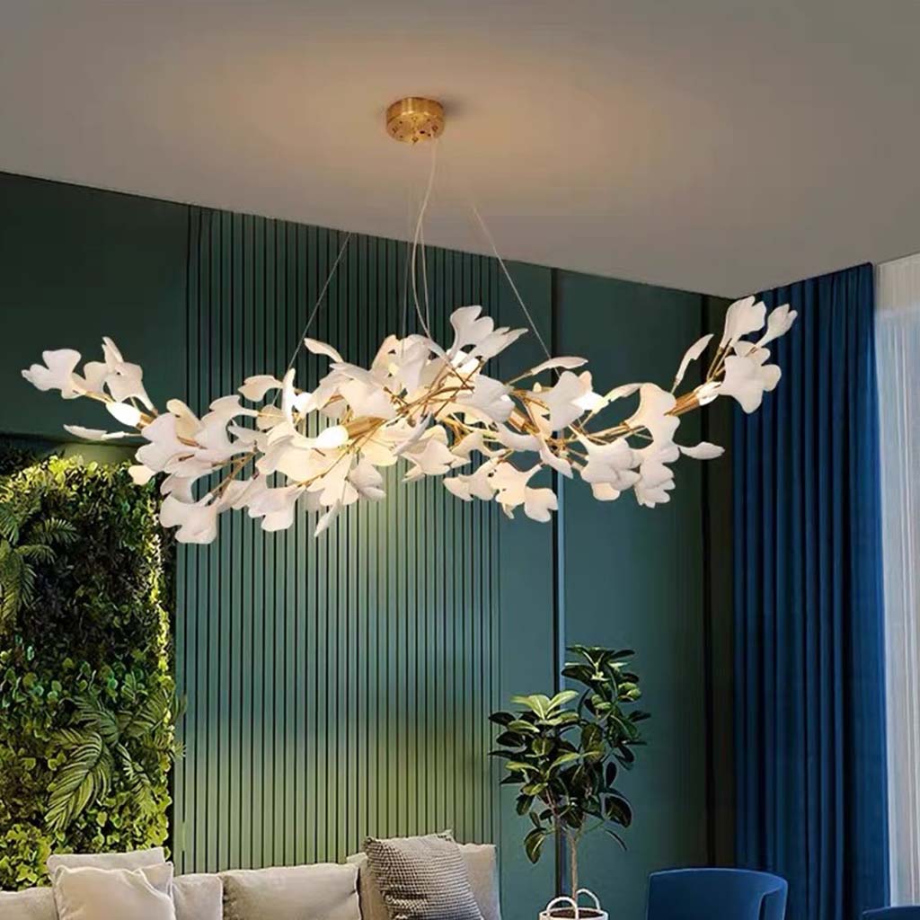Ginkgo Leaf Chandelier, Ceramic, Gold-Colored and White, Pendant Light, Dining Room, Living Room, Bedroom Lighting | Sansoti