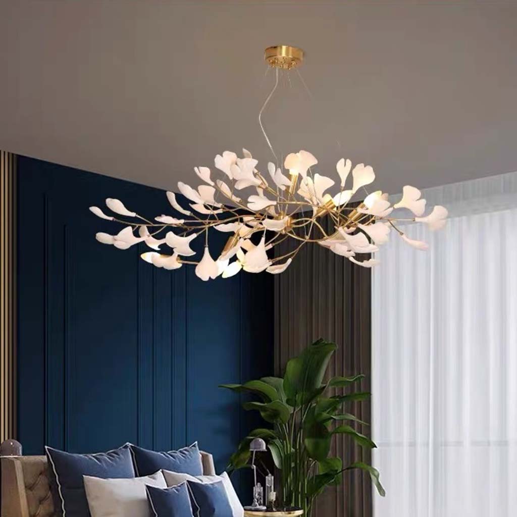Ginkgo Leaf Chandelier, Ceramic, Gold-Colored and White, Pendant Light, Dining Room, Living Room, Bedroom Lighting | Sansoti